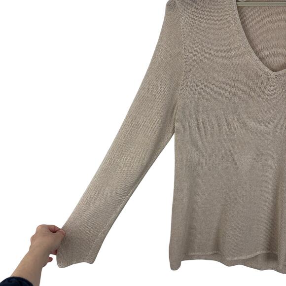 J. McLaughlin Tan Beige V-Neck Sweater wooden buttons XL coastal earthy cotton - Picture 4 of 10